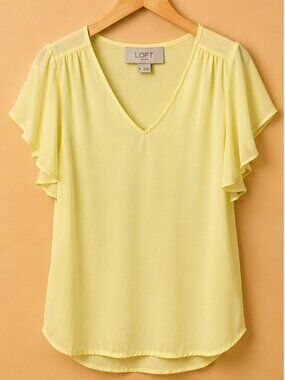 LOFT Soft Yellow Flutter Sleeve Blouse Medium | Feminine V-Neck Top